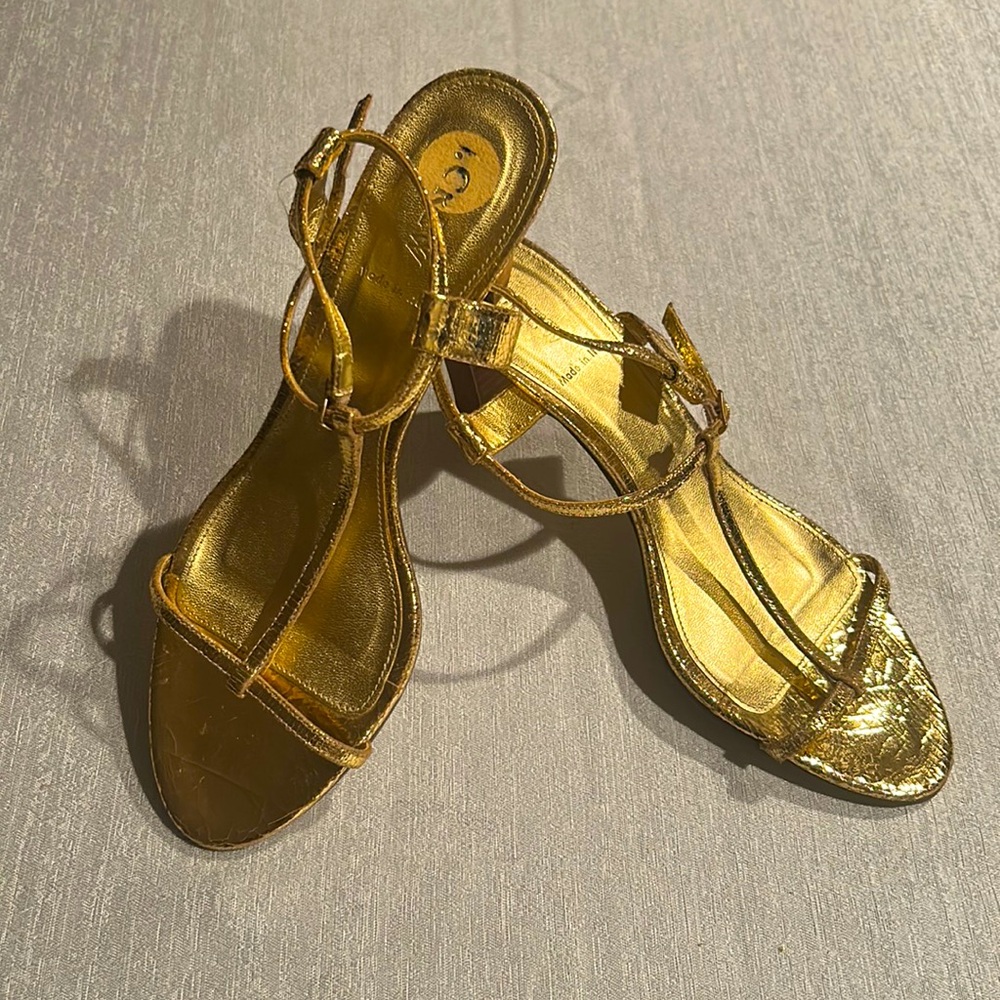 J. Crew Shimmering Gold T-Strap Heeled Sandals